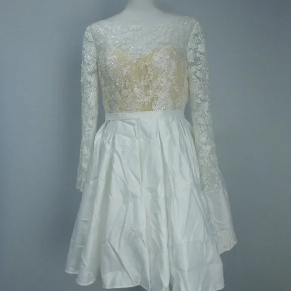 beige dress with white lace overlay White Lace High Low Dress - All Dresses main image 1